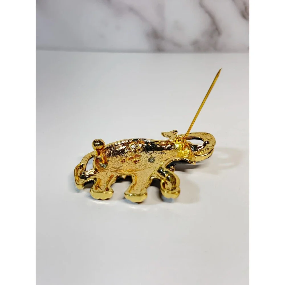 Vintage Black Enamel Elephant Brooch Gold Tone Rhinestone Figural Pin